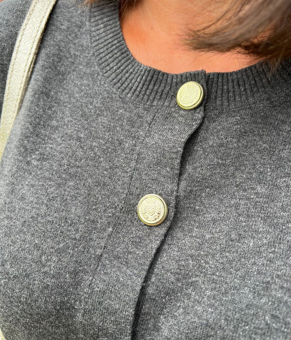 Grey Cardigan Sweater with Gold Buttons