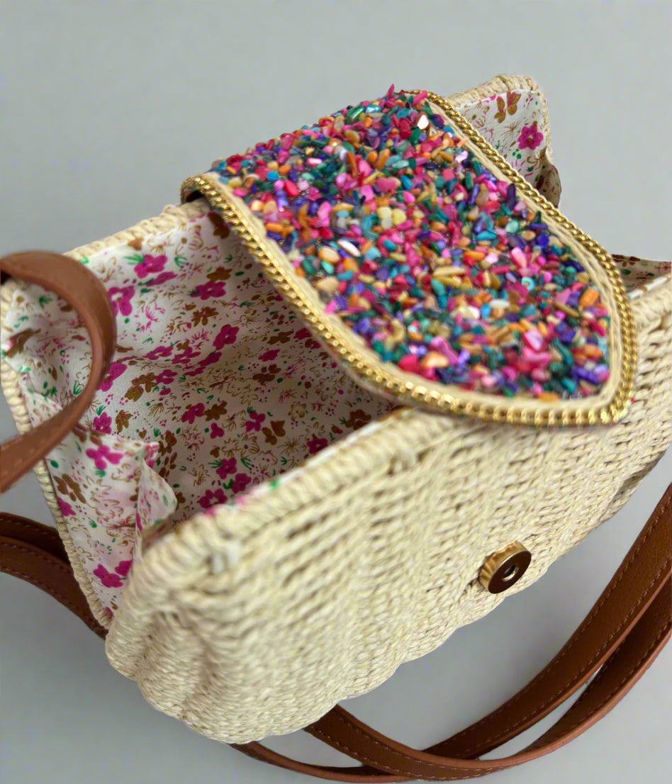 Jessica Light Raffia Beaded Basket Weave Bag