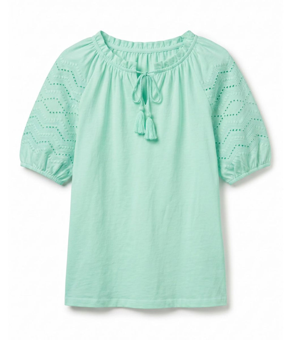 Green Anglaise Sleeve Tassel Tie Top