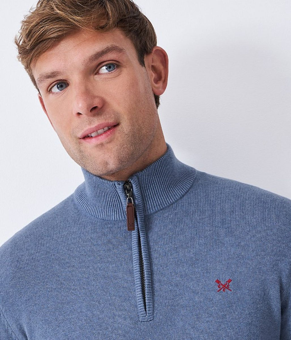 Blue Mens Cotton Half Zip Jumper