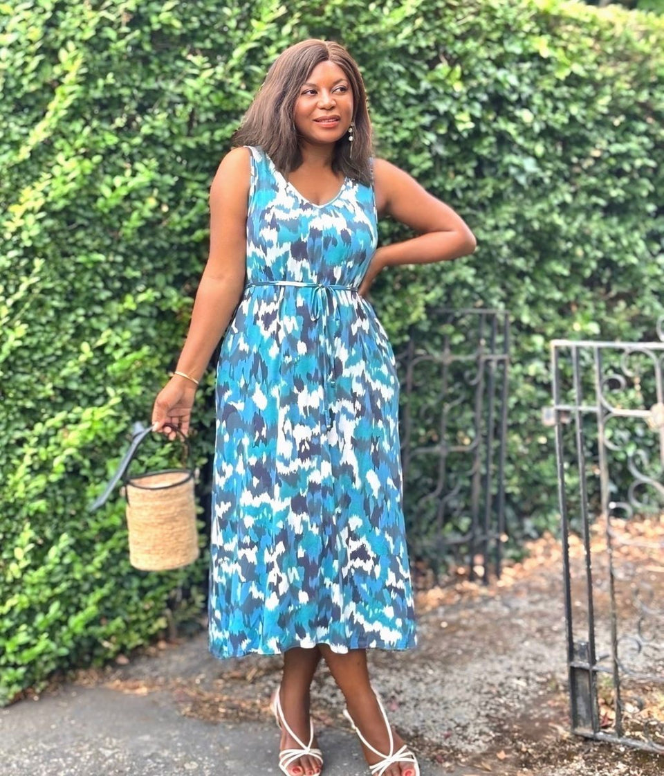 Blue Abstract Sleeveless Jersey Sundress