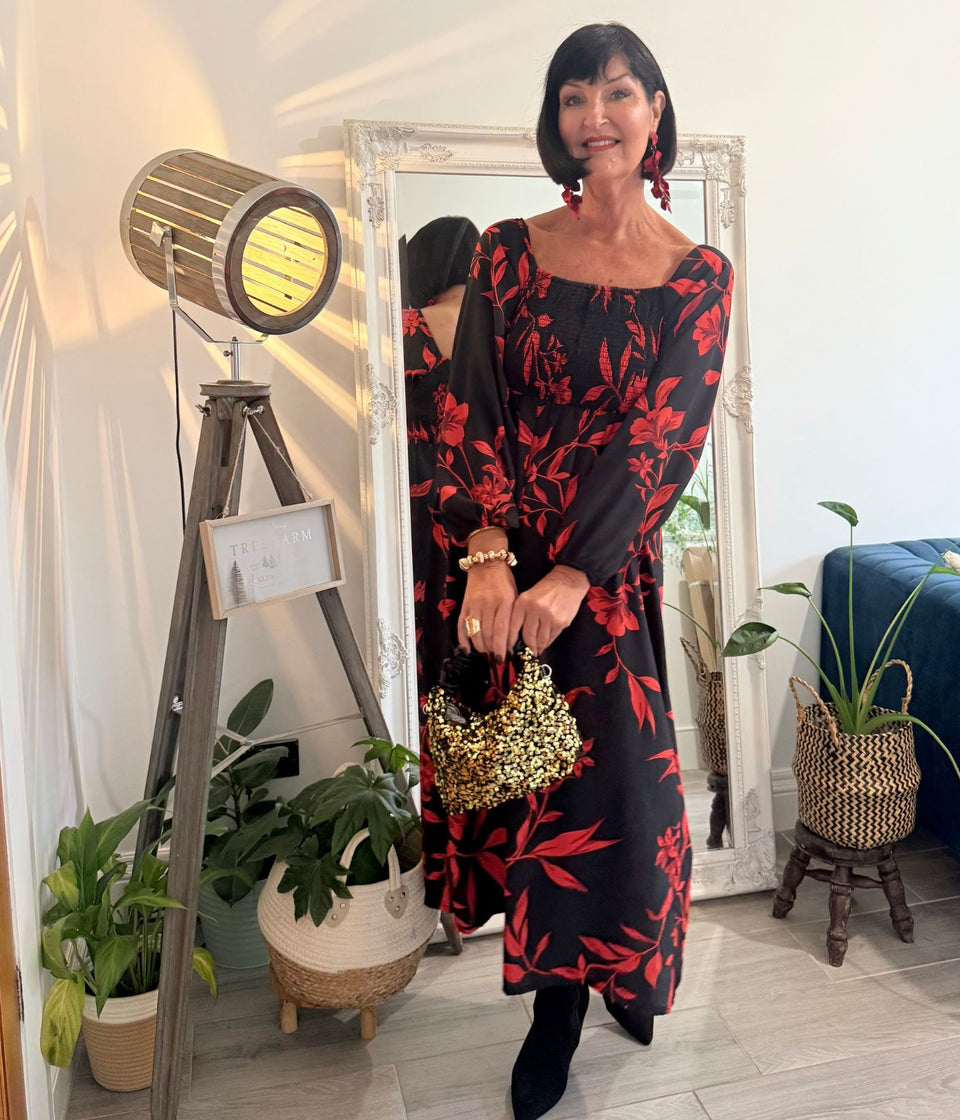 Red & Black Print Shirred Midi Dress