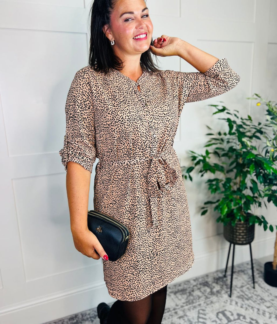 Caramel Dotty Print Belted Shirt Dress