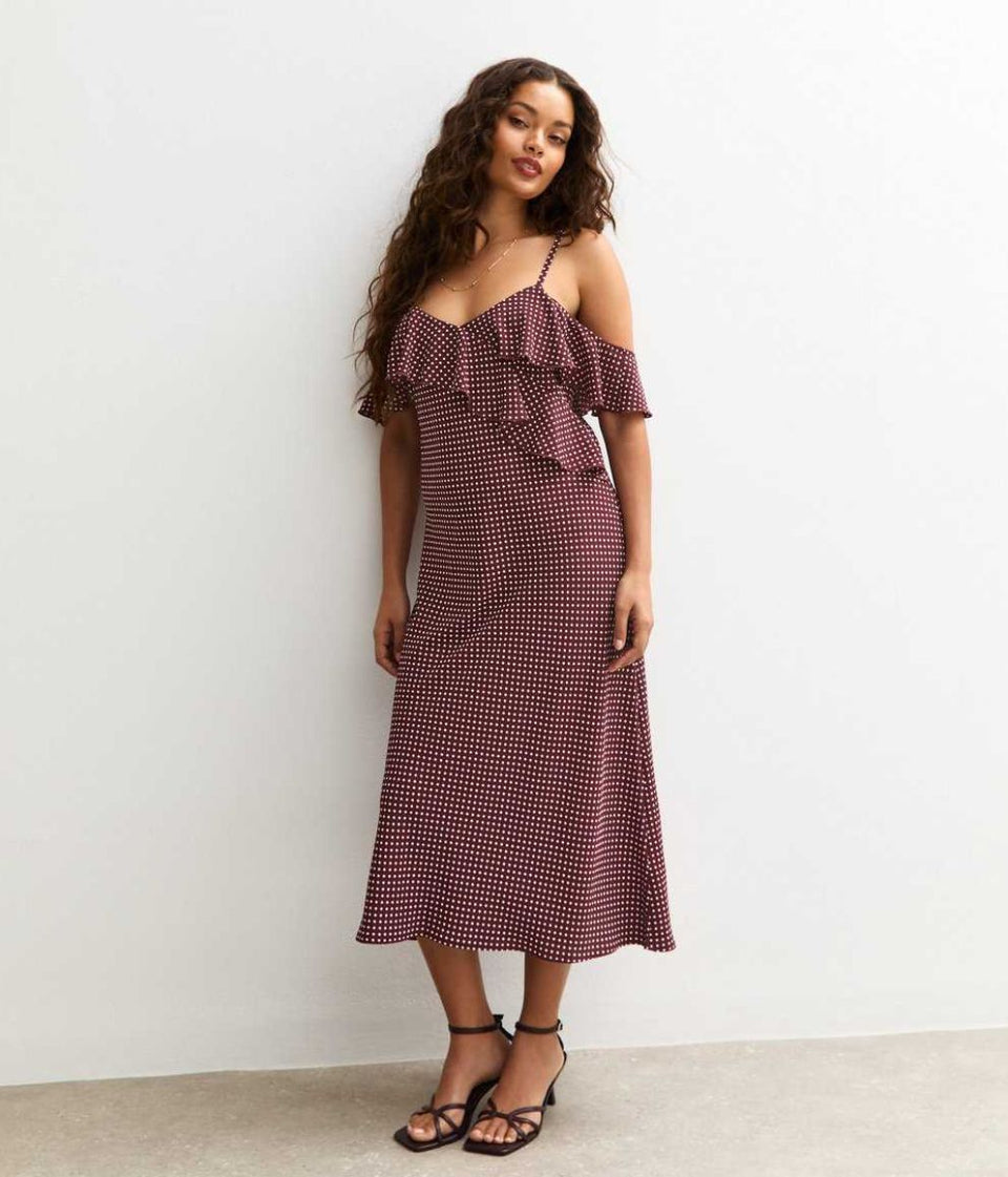 Brown Polka Dot Ruffle Midi Dress