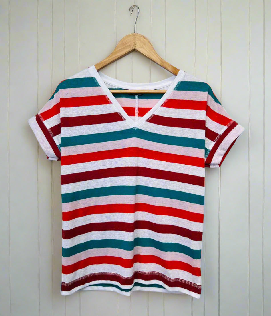 Striped Linen Blend V Neck Tee