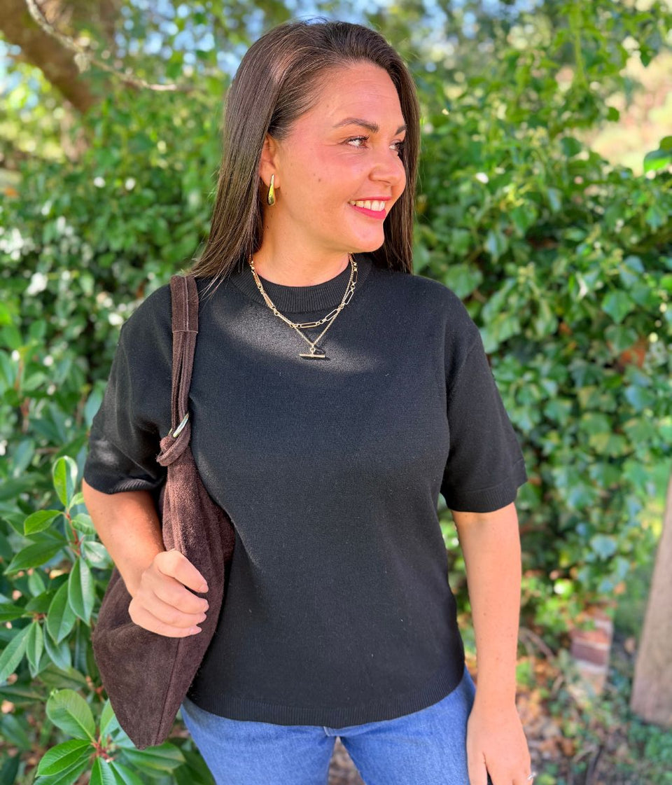 Black Air Yarn Short Sleeve Crew Neck Jumper
