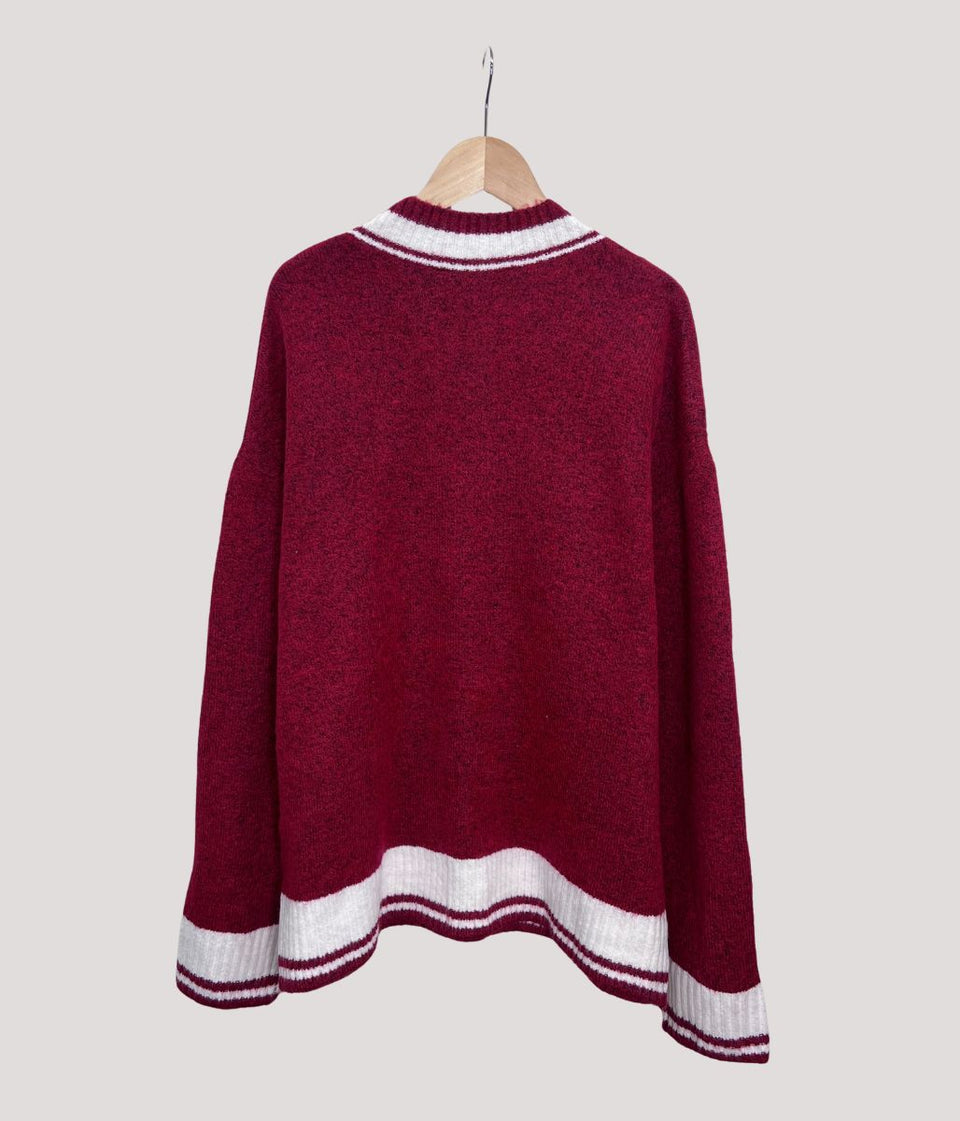 Red V Neck Oversized Cricket Jumper