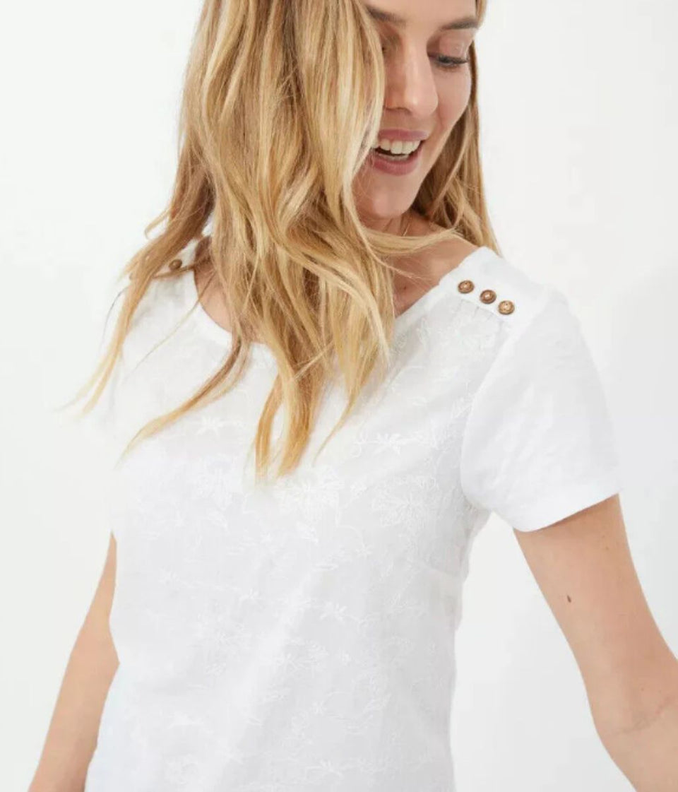 White Embroidered Scoop Neck Top