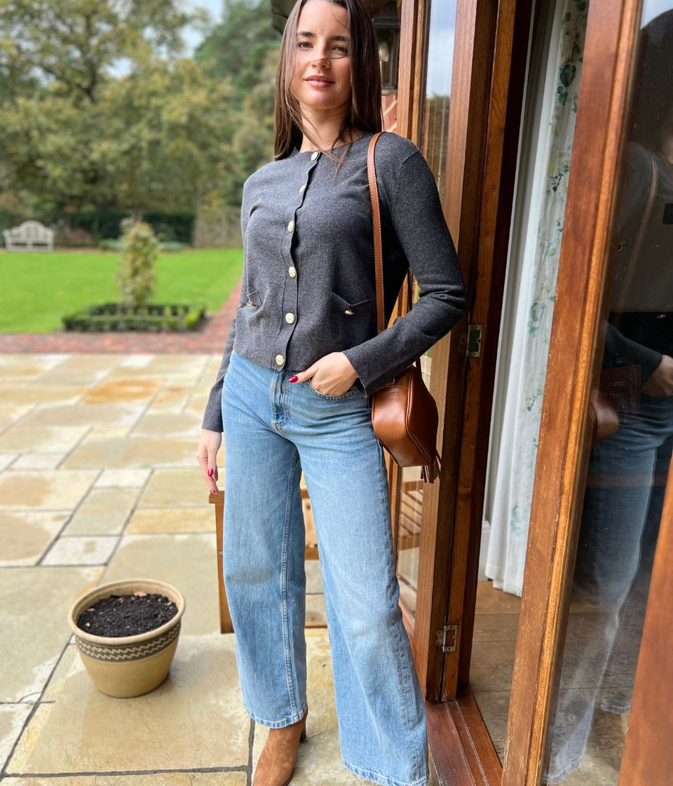 Grey Cardigan Sweater with Gold Buttons