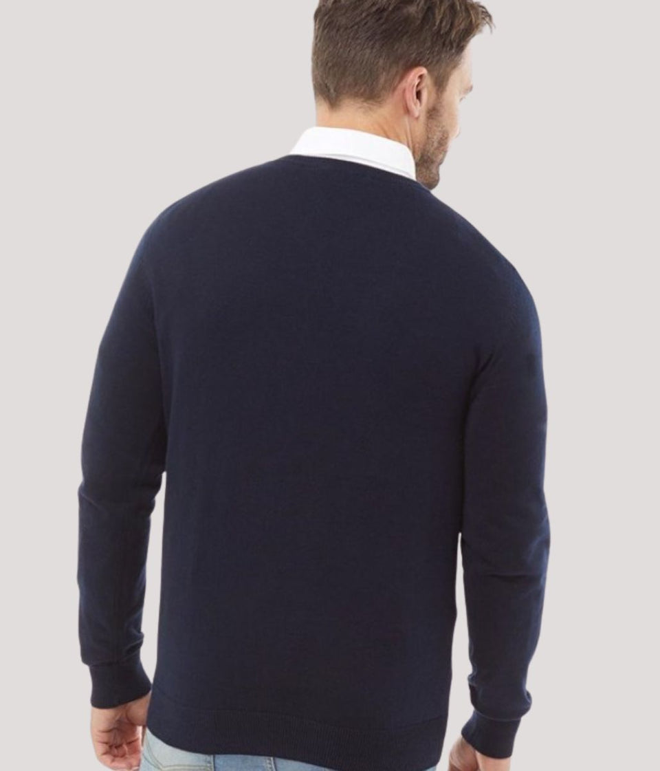 Navy Blue Mens V Neck Logo Jumper