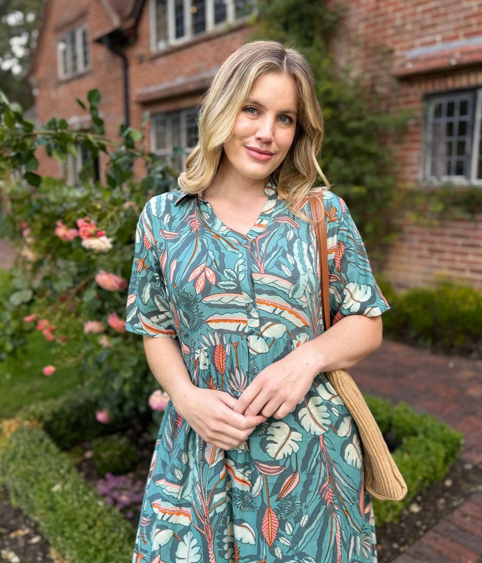 Sage Green Tropical Leaf Dress