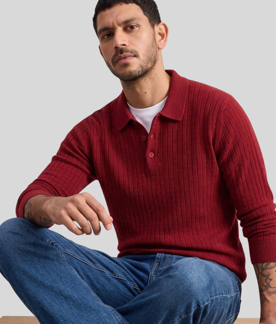 Mens Red Textured Collared Jumper