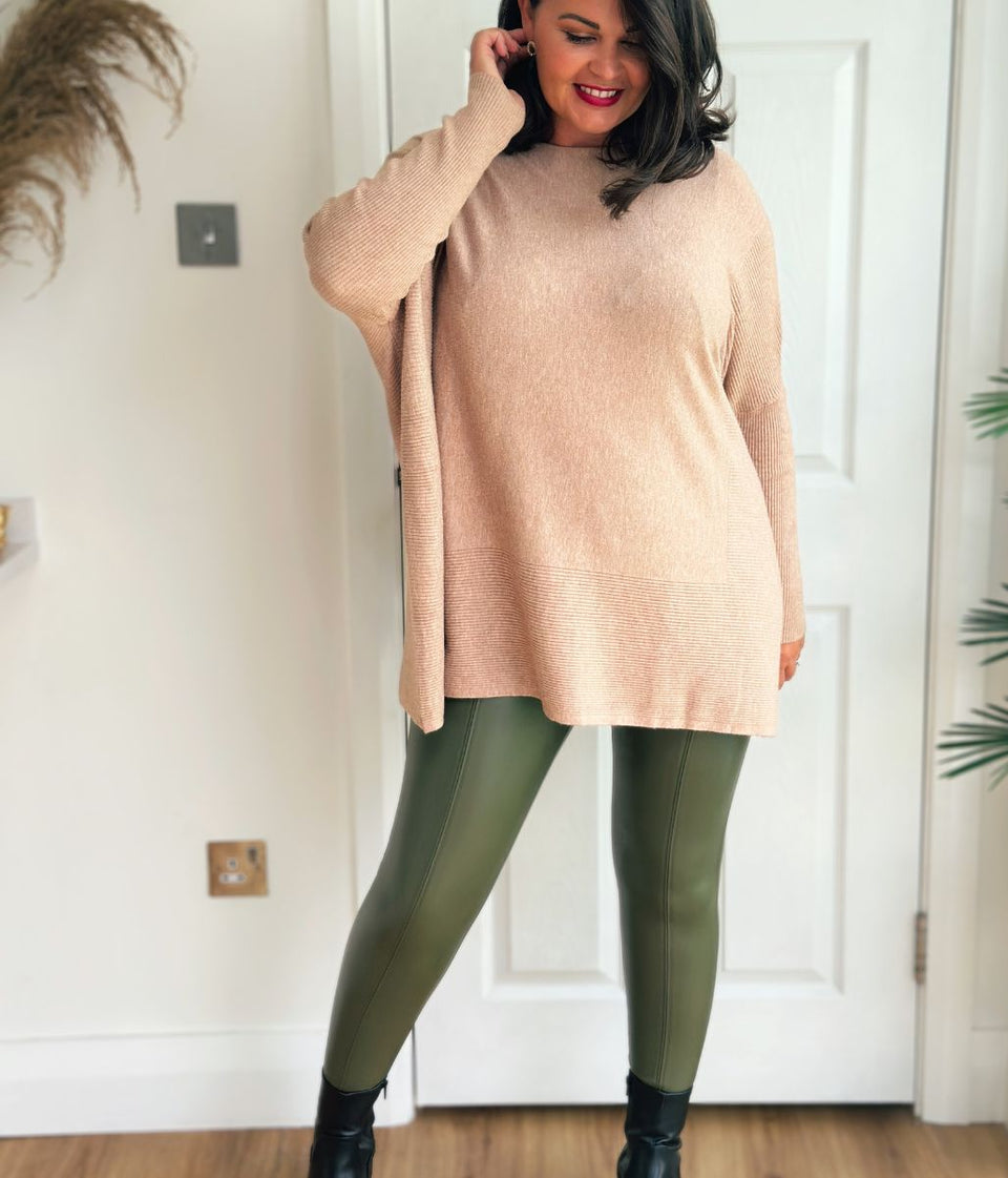 Khaki Leather Look Leggings