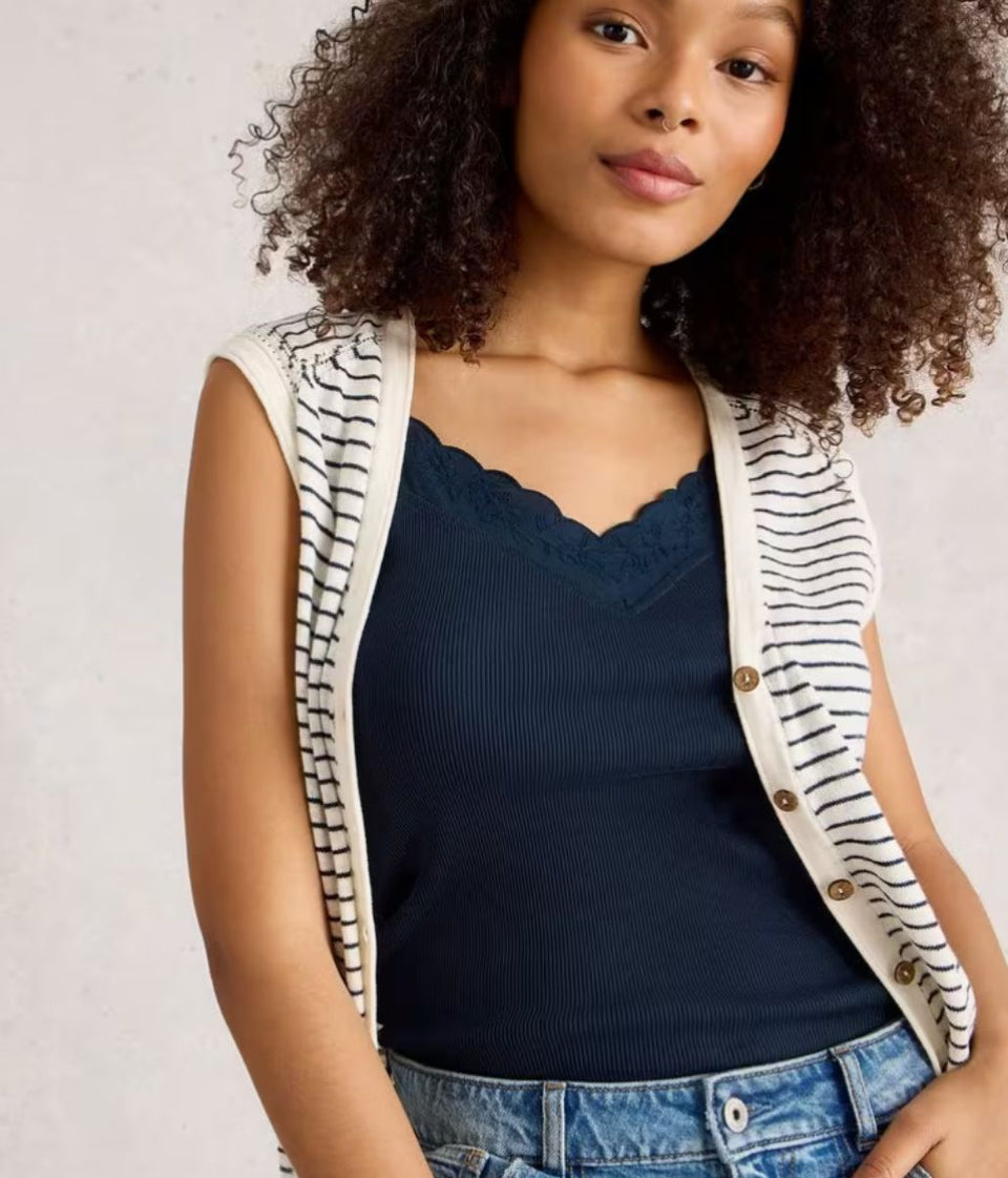 Navy Sea Breeze Lace Trim Vest Top