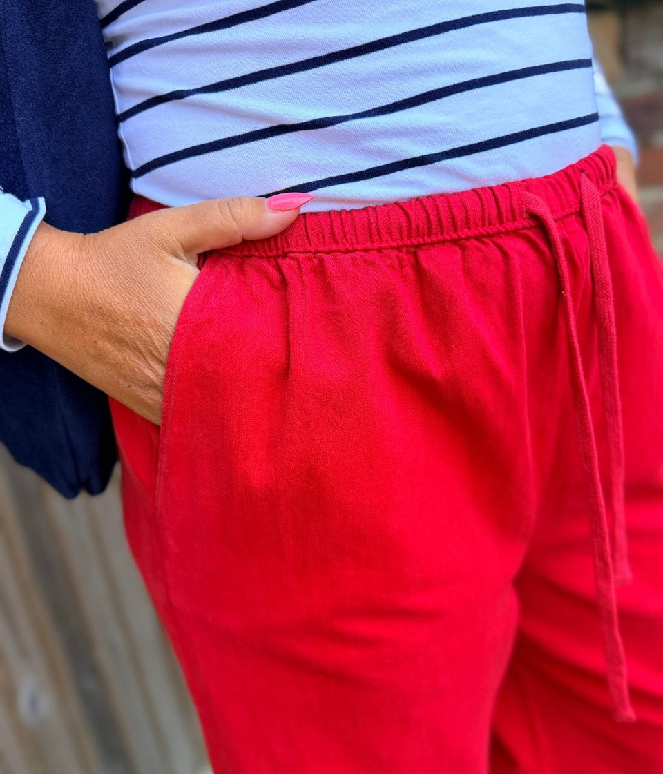Red Cotton Rich Drawstring Wide Leg Trousers