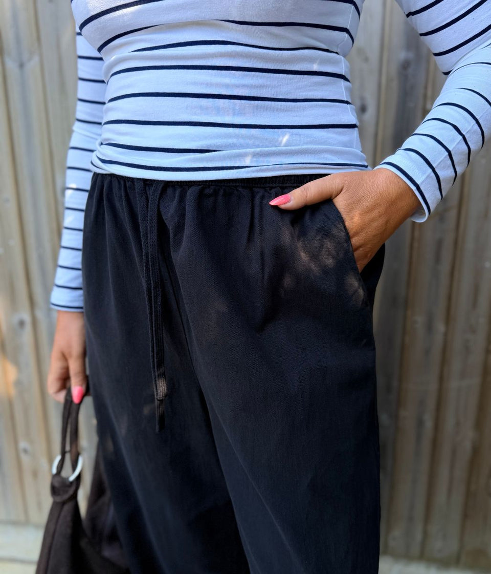 Black Cotton Rich Drawstring Wide Leg Trousers