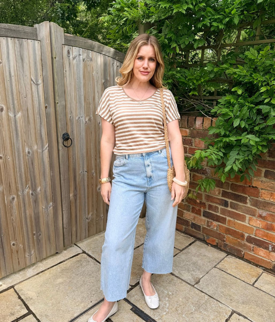 Brown Striped Linen Blend T Shirt