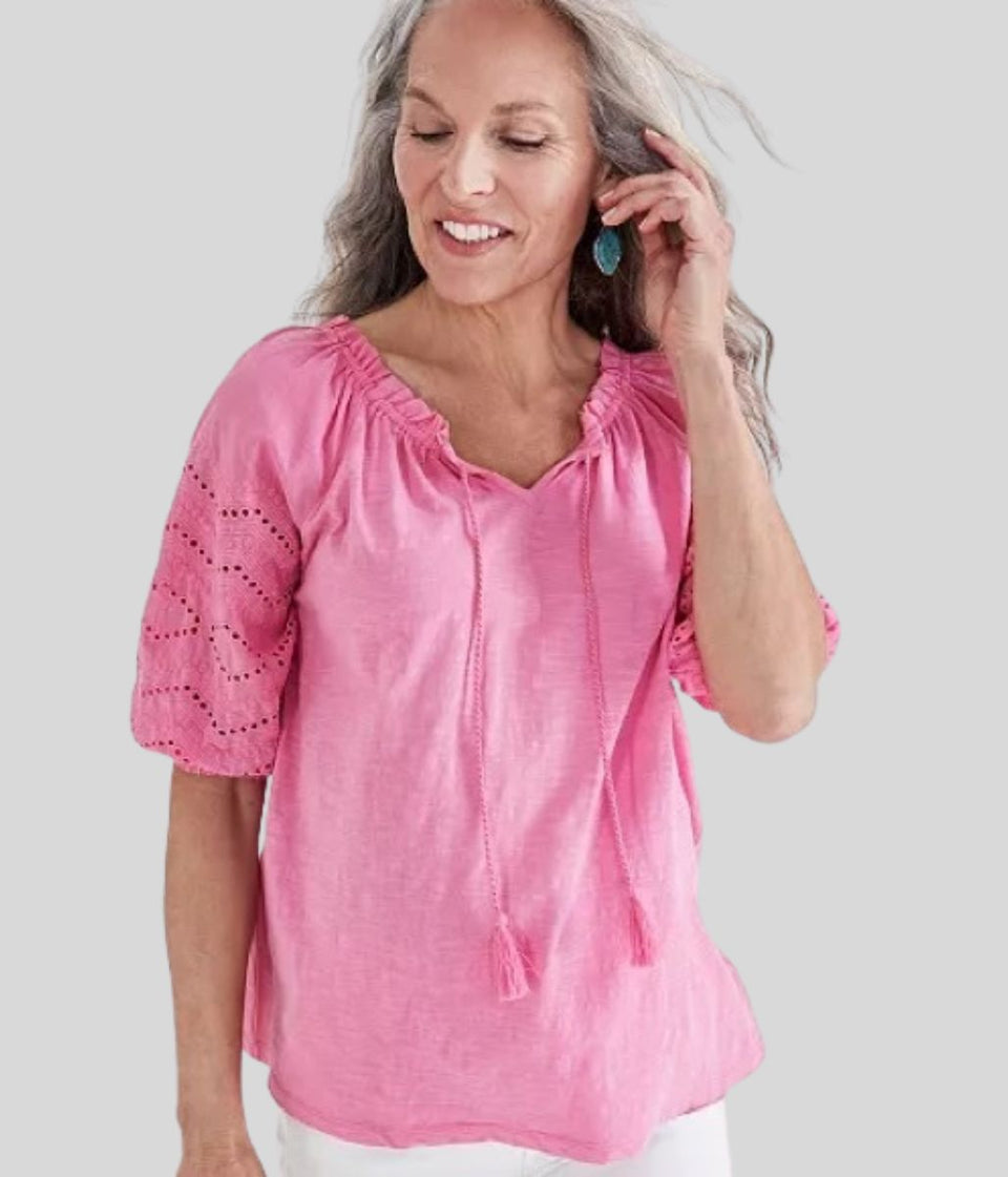 Pink Anglaise Sleeve Tassel Tie Top