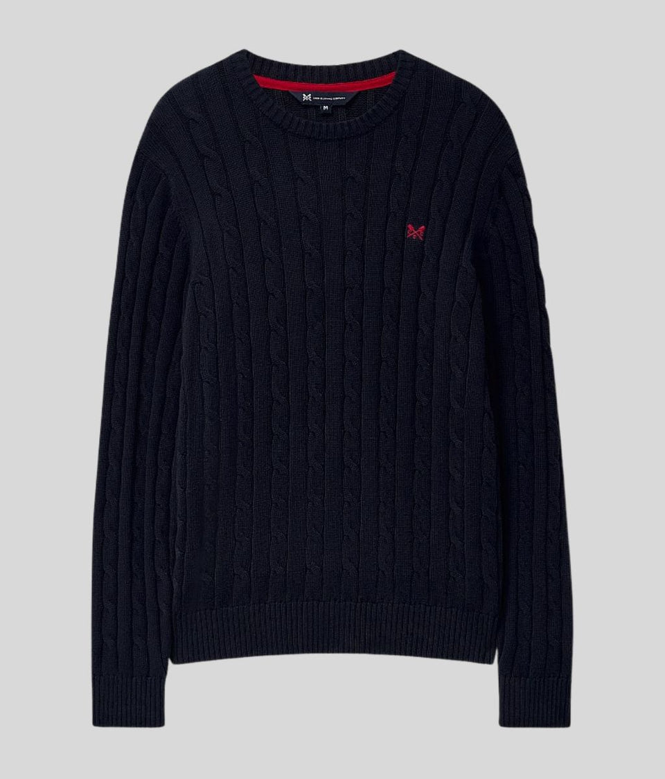 Mens Navy Oarsman Cable Knit Crew Neck Jumper