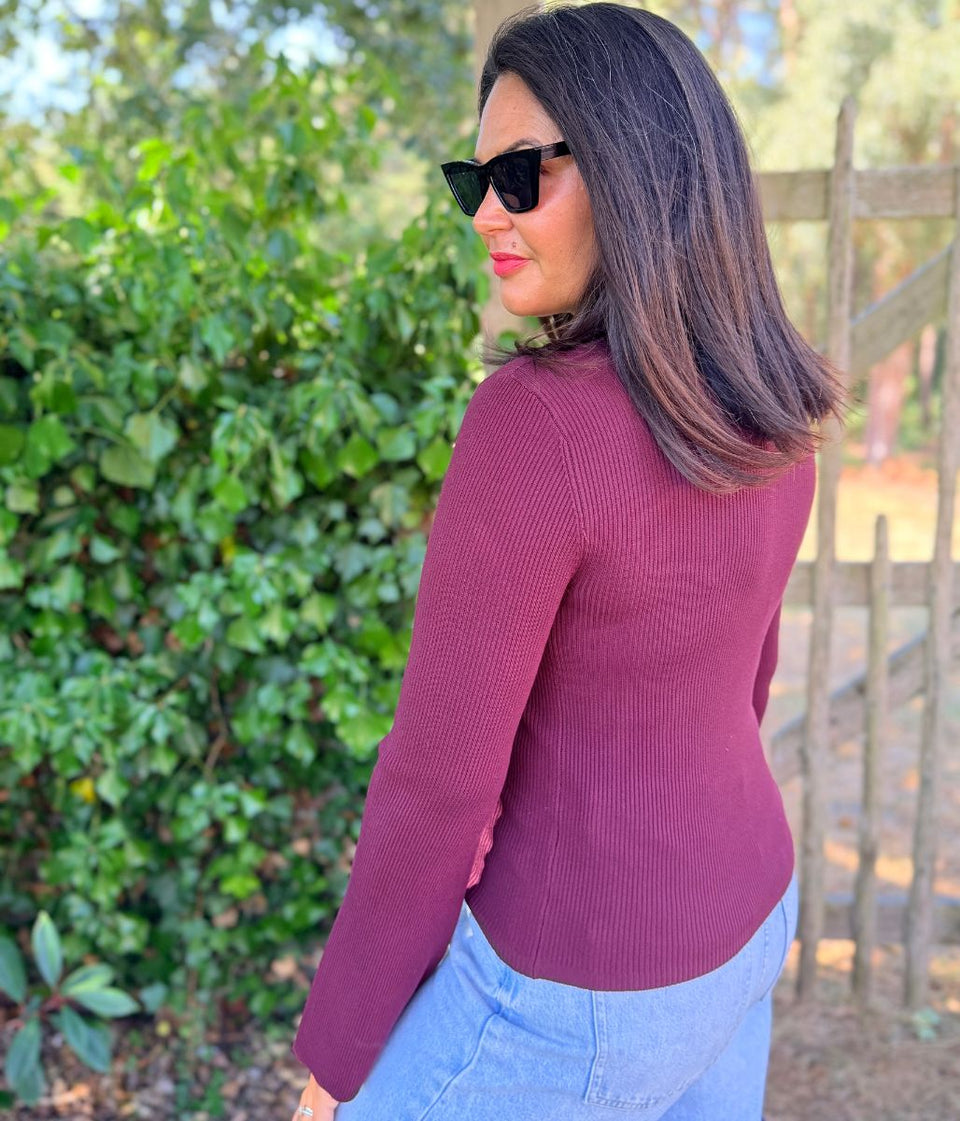 Burgundy Flute Sleeve Ribbed Jumper