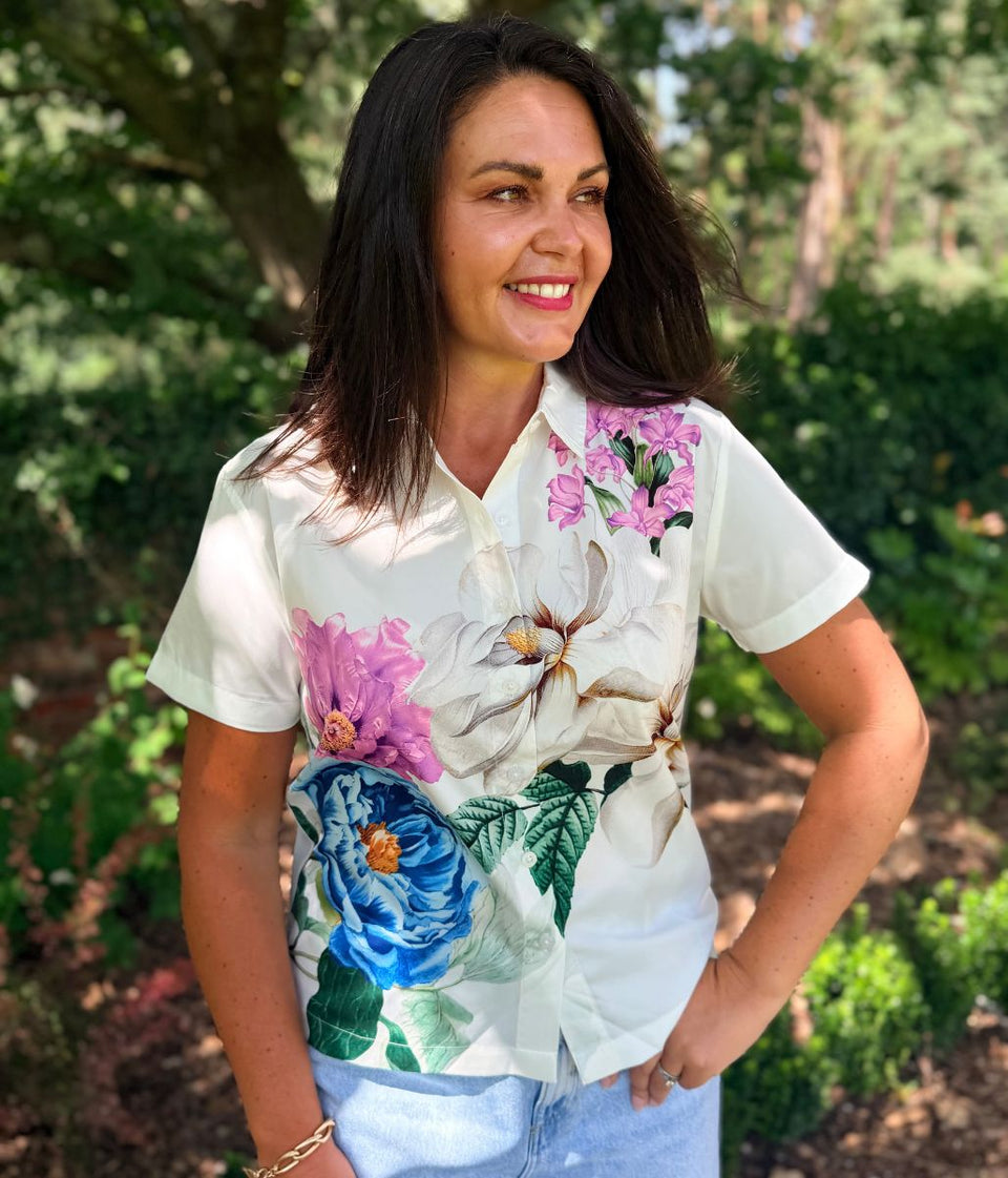 Blue Floral Short Sleeve Silky Shirt