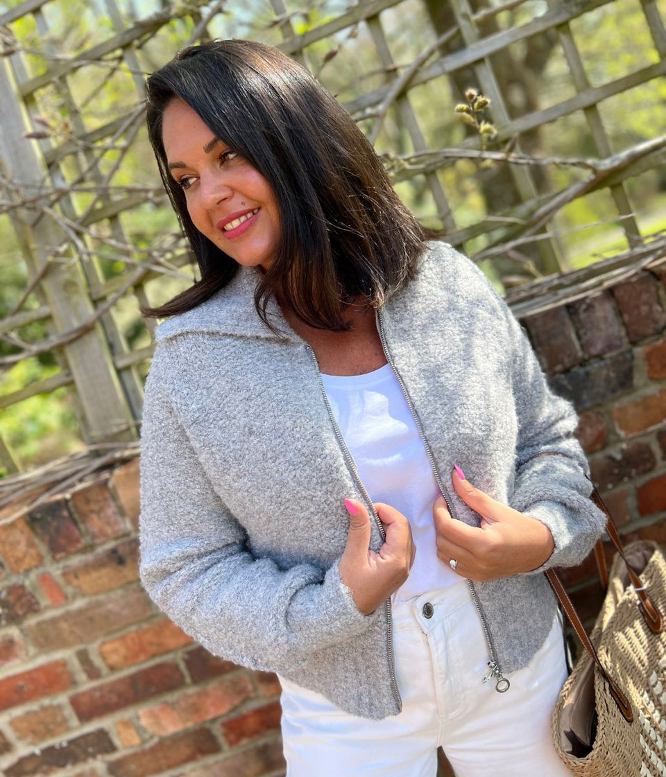 Grey Boucle Wool Blend Zip Up Jumper