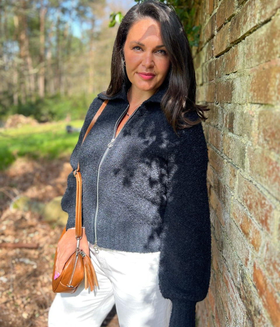 Navy Boucle Wool Blend Zip Up Jumper