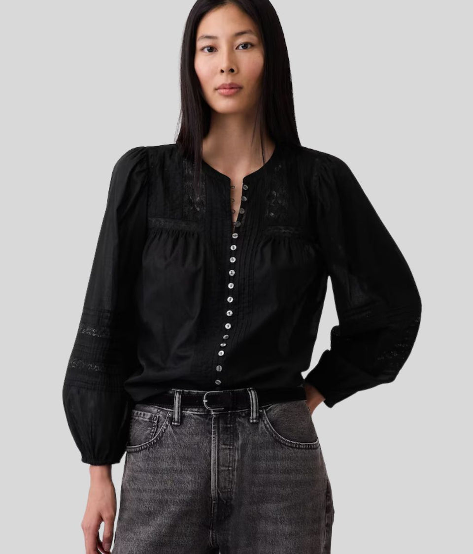 Black Pintuck Lace Trim Blouse