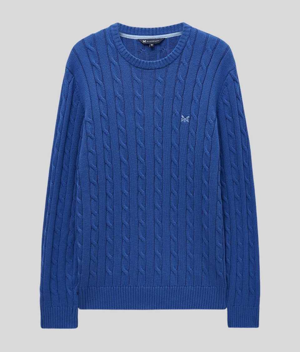 Mens Blue Oarsman Cable Knit Crew Neck Jumper