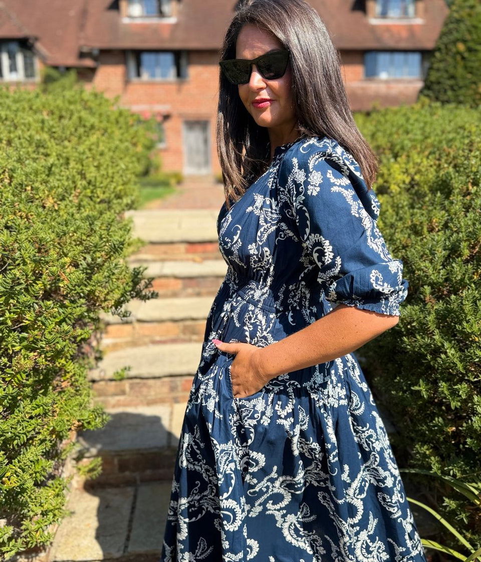 Navy Flower Print Waisted Midi Dress