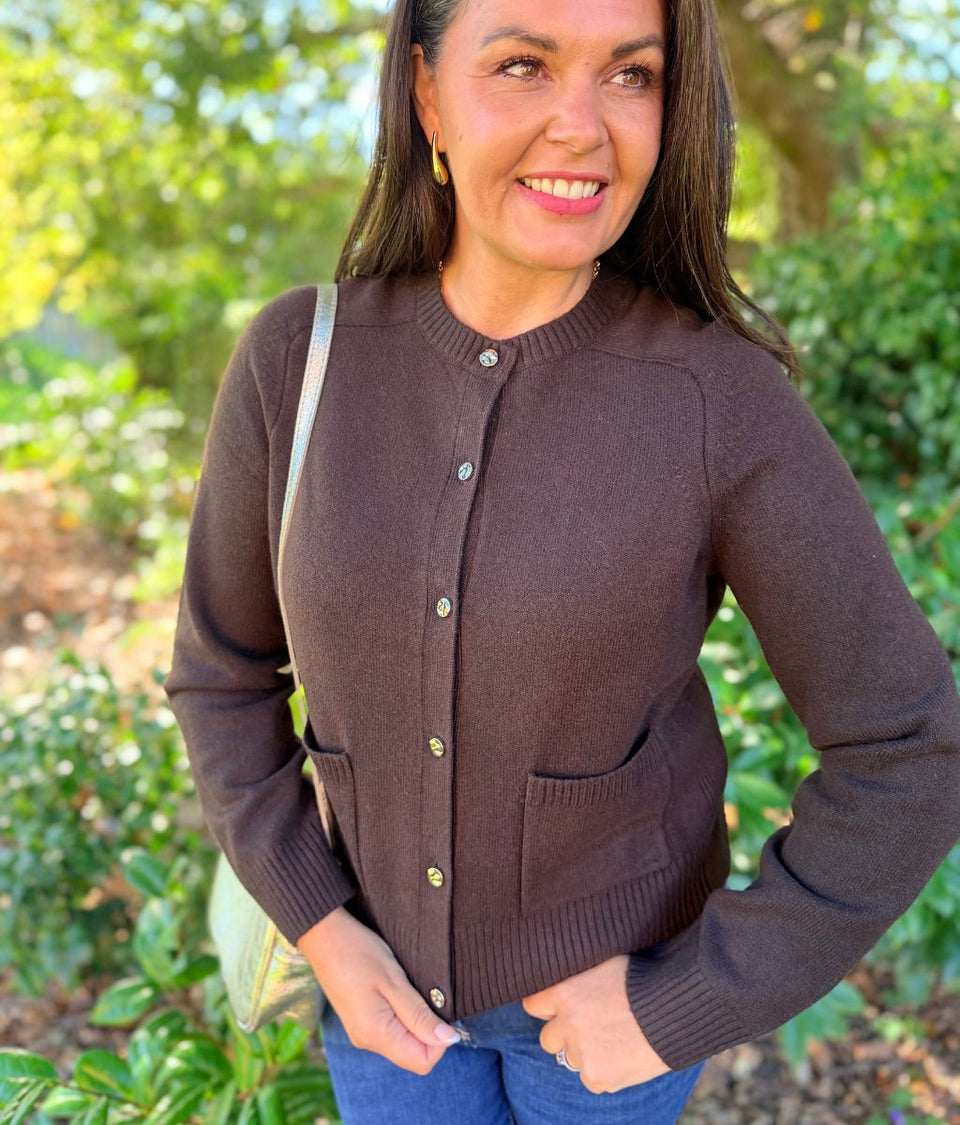 Chocolate Gold Button Pocket Cardigan