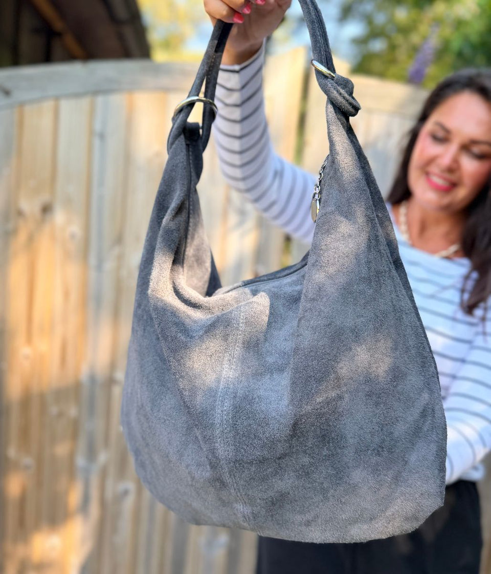 Grey Suede Willow Slouch Bag