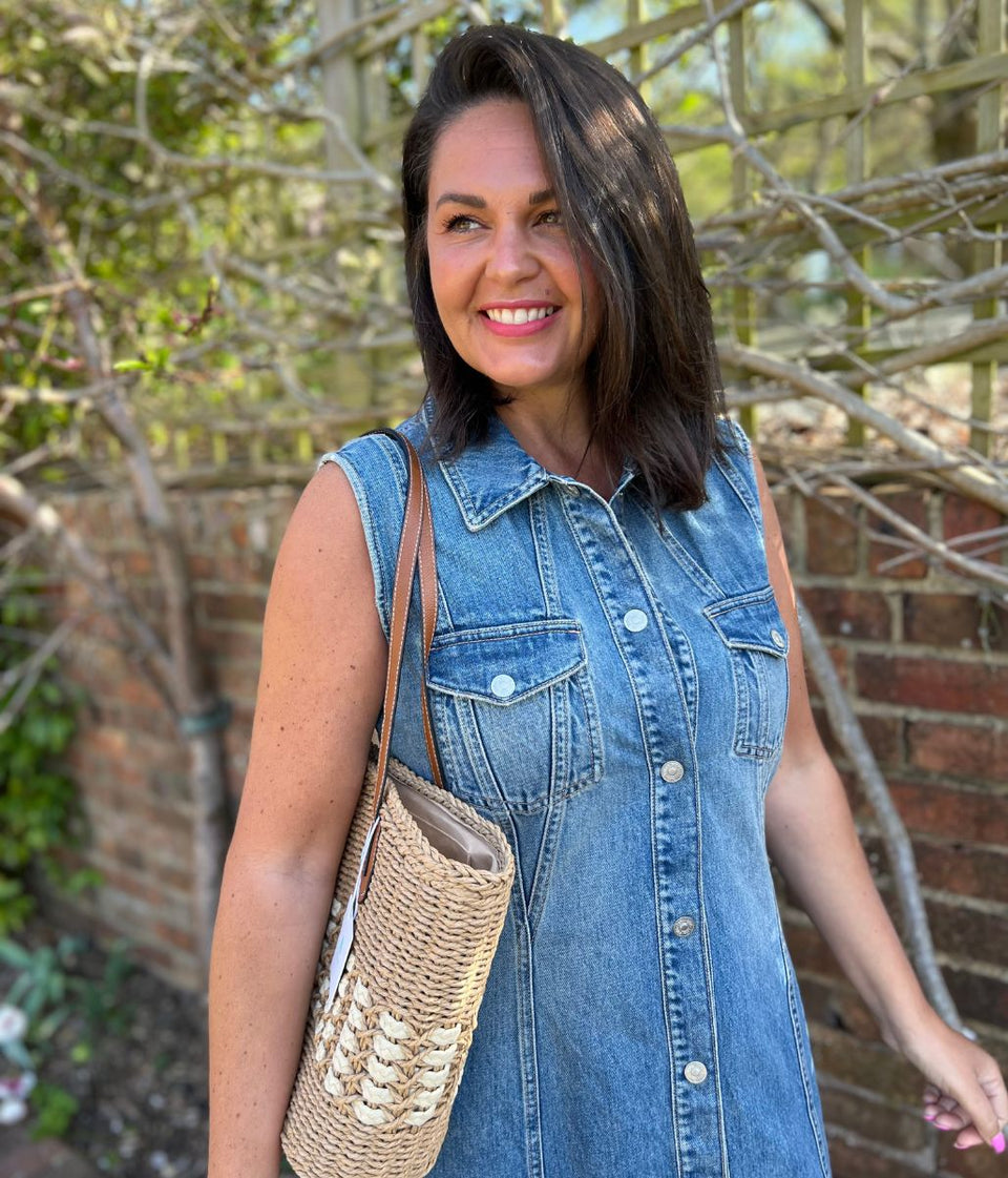 Sleeveless Denim Button Through Midi Dress