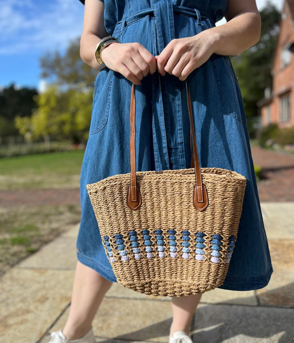 Natural Raffia Blue Weave Shopper Bag