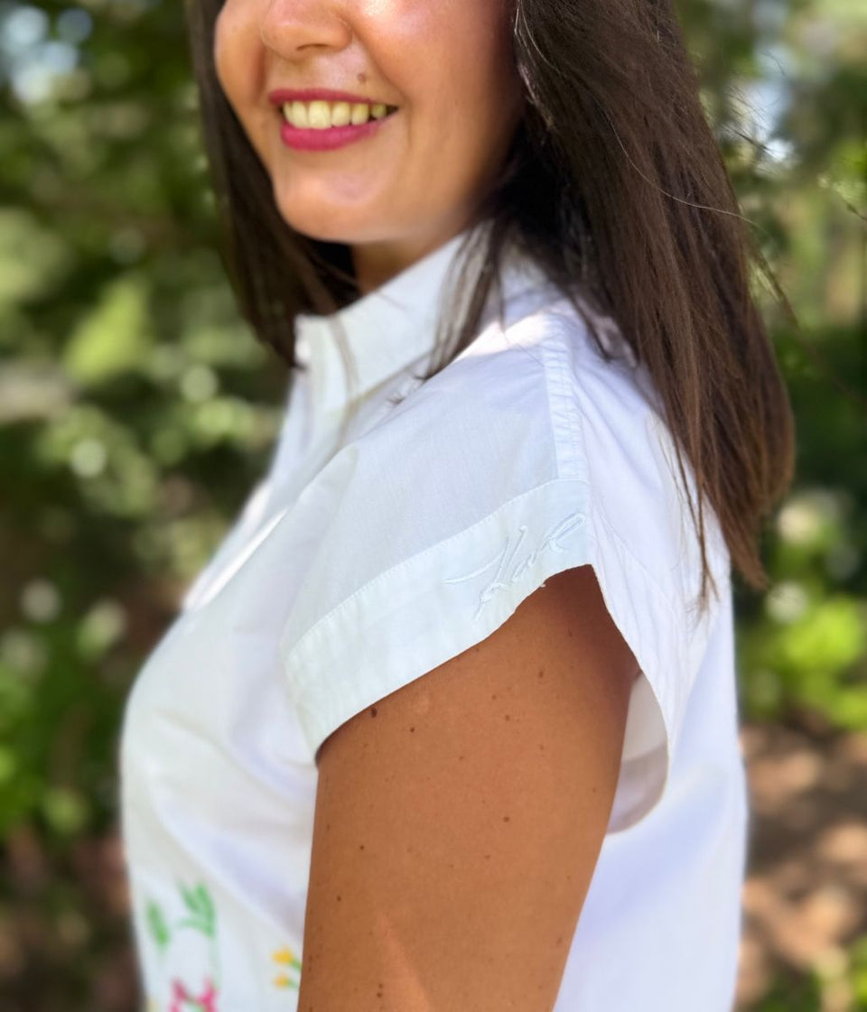 White Floral Embroidered Sleeveless Shirt