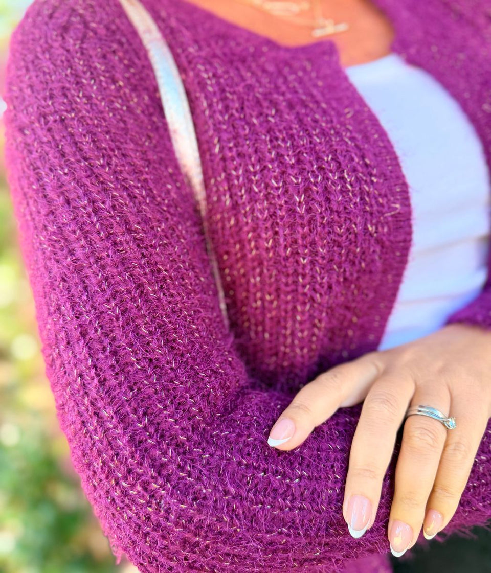 Purple Sparkle Knit Open Cardigan