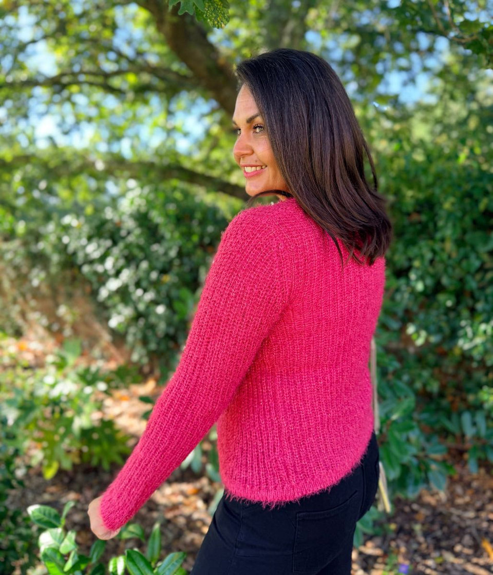 Bright Pink Sparkle Knit Open Cardigan