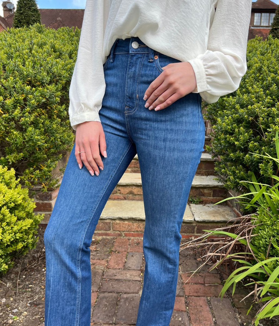 Mid Denim Crease Front Slim Flare Jeans