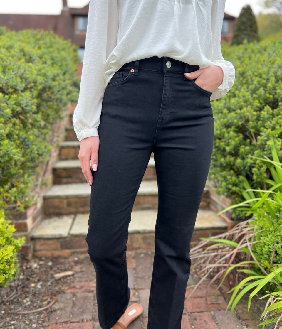 Black Denim Crease Front Slim Flare Jeans