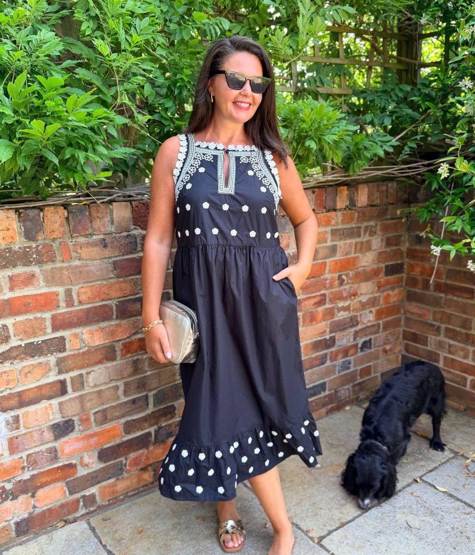 Black Devin Poplin Embroidered Midi Dress