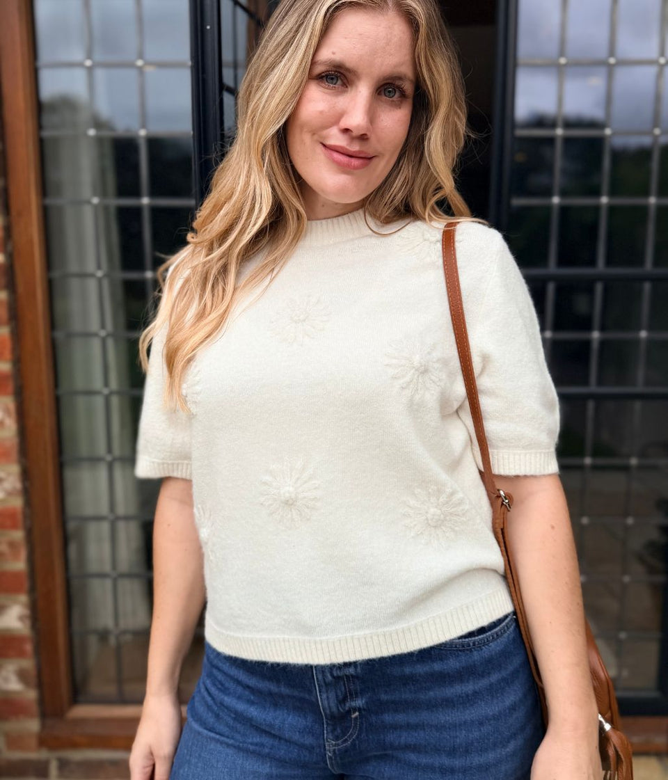 Ecru Flower Embellished Short Sleeve Jumper