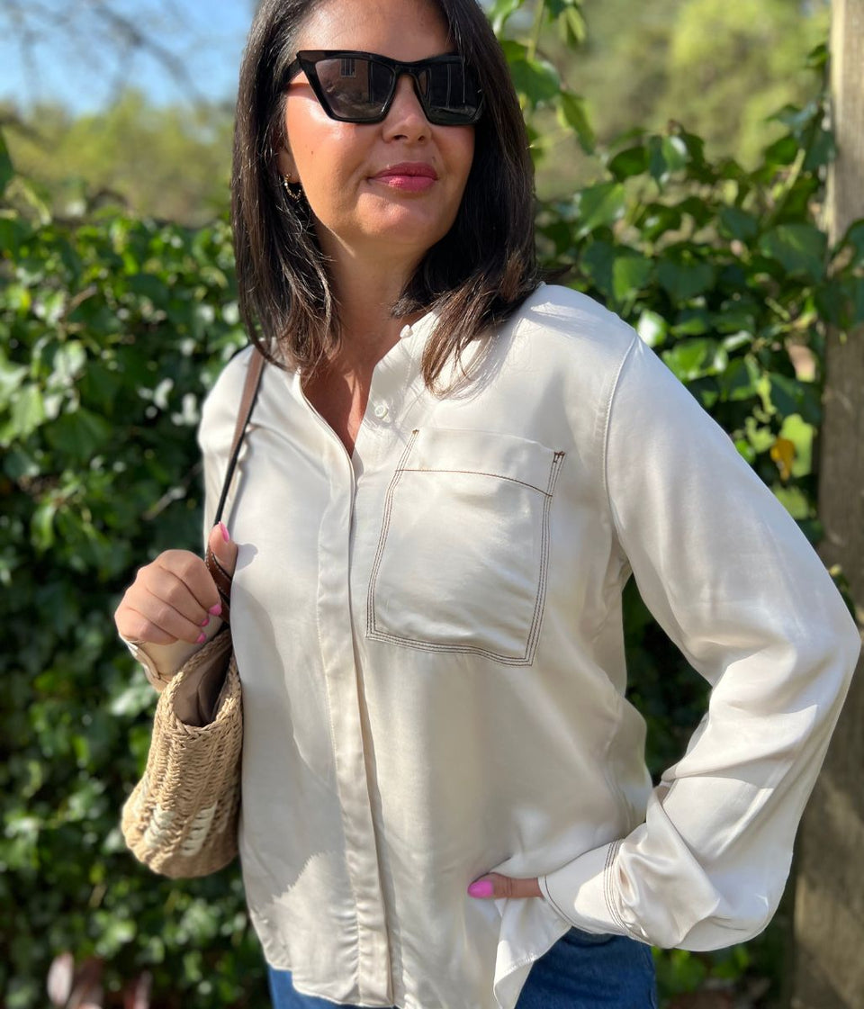 Ivory Contrast Stitch Satin Shirt