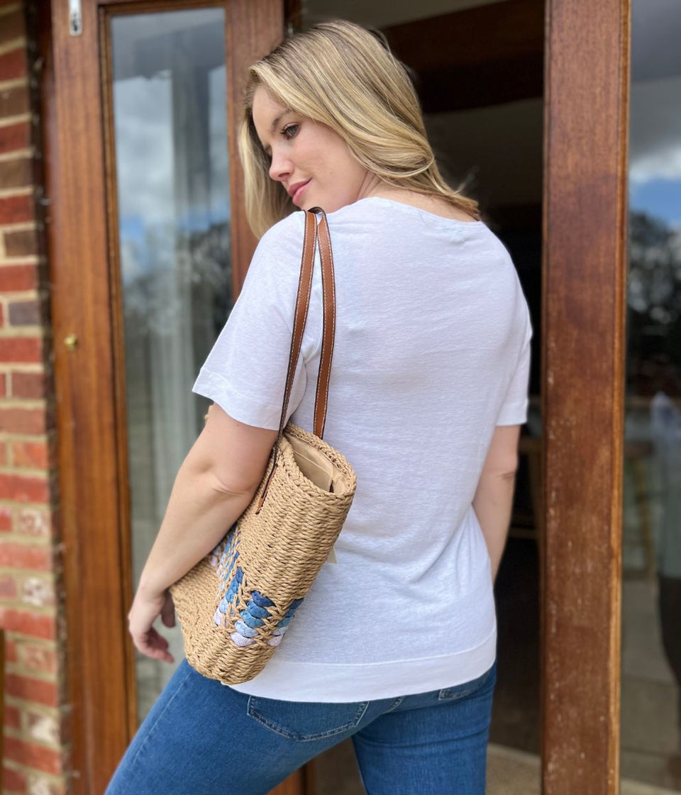 White Linen Blend Crew Neck Top