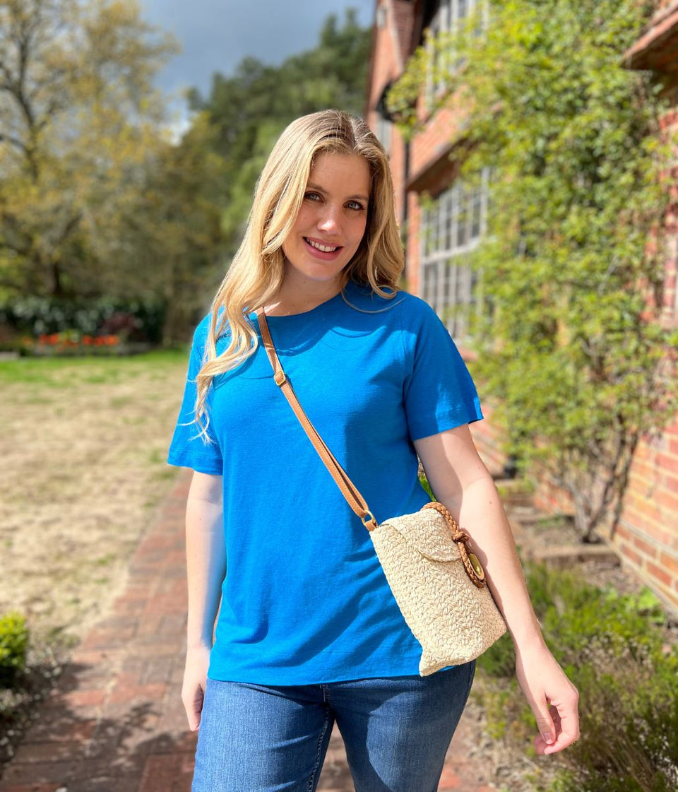 Bright Blue Linen Blend Crew Neck Top