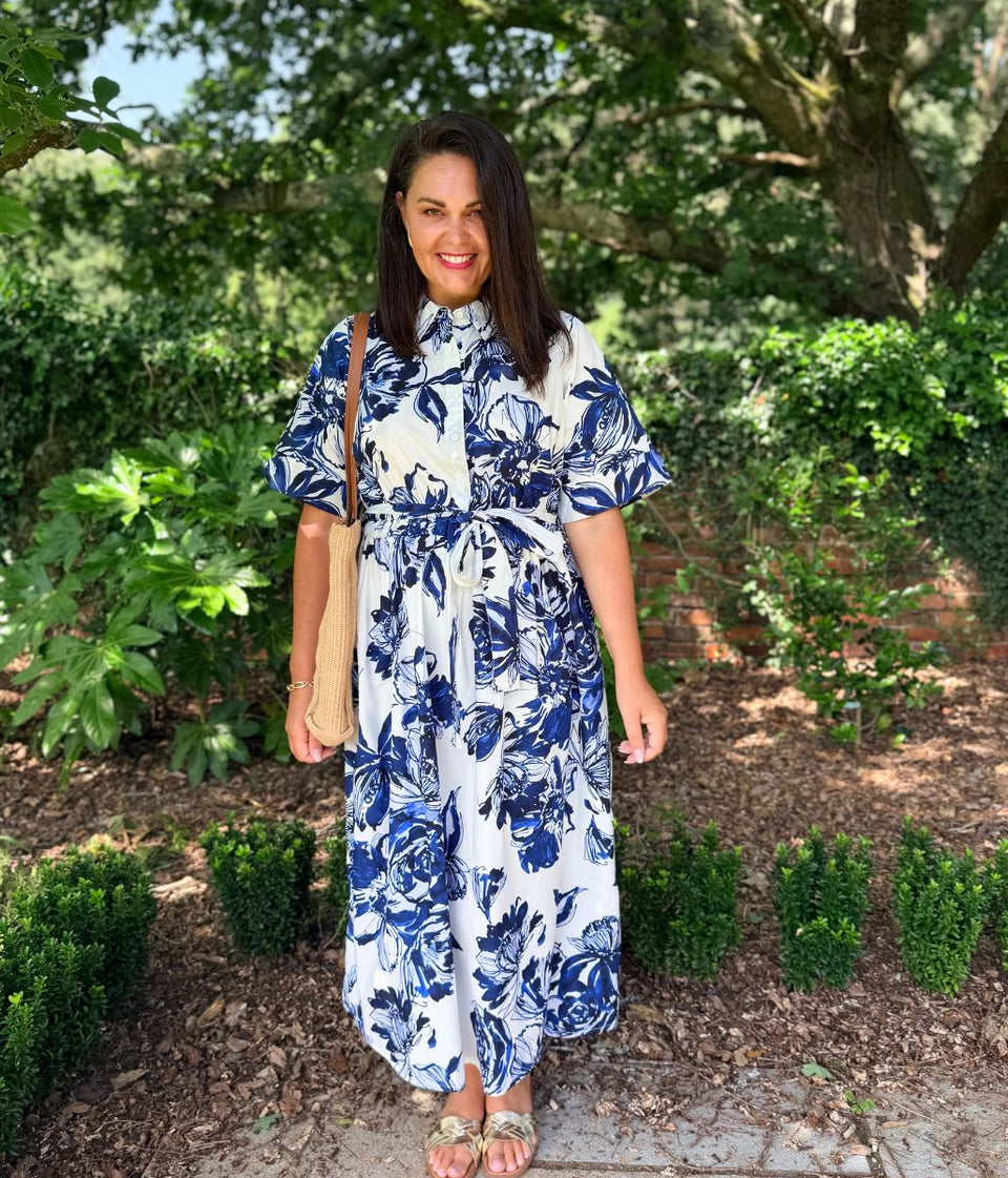 Navy Floral Midi Shirt Dress