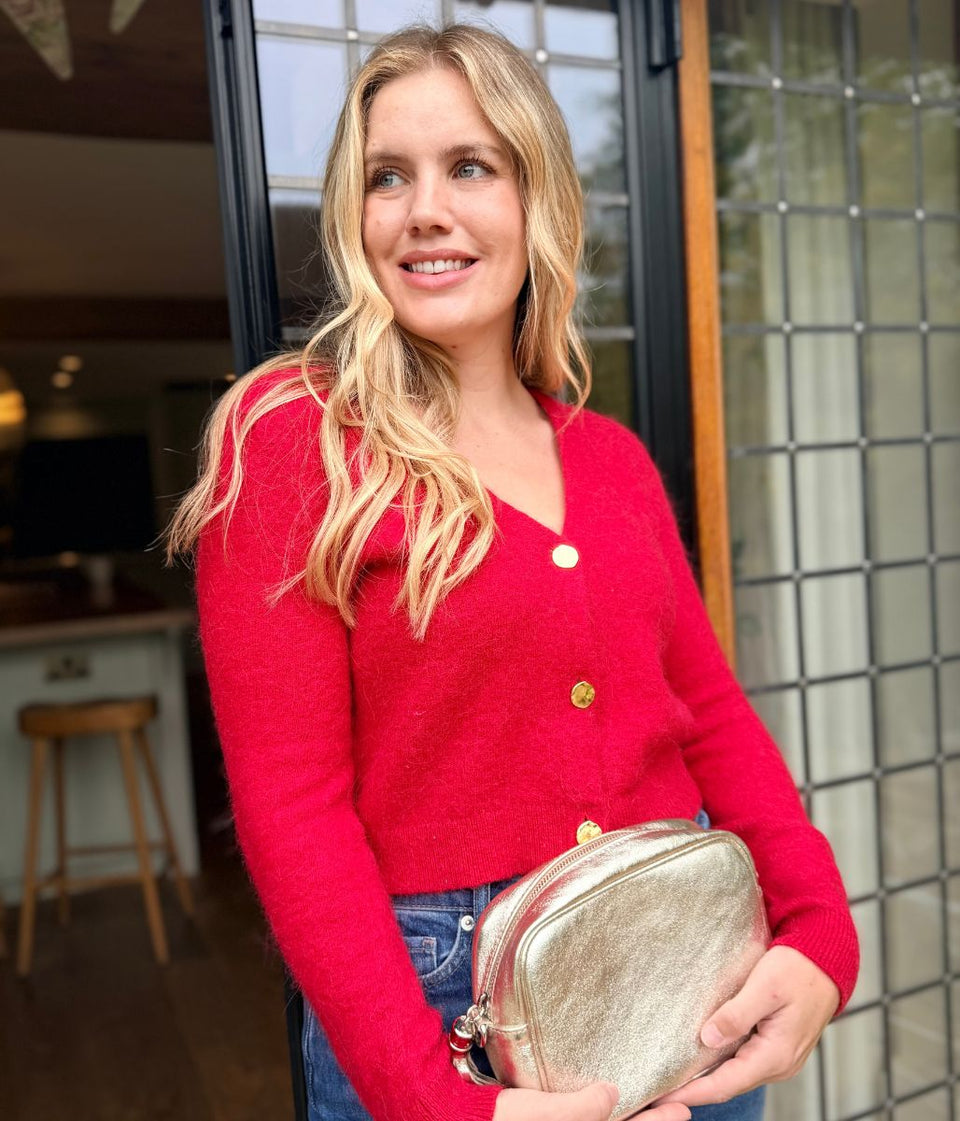 Red V Neck Alpaca Blend Short Cardigan