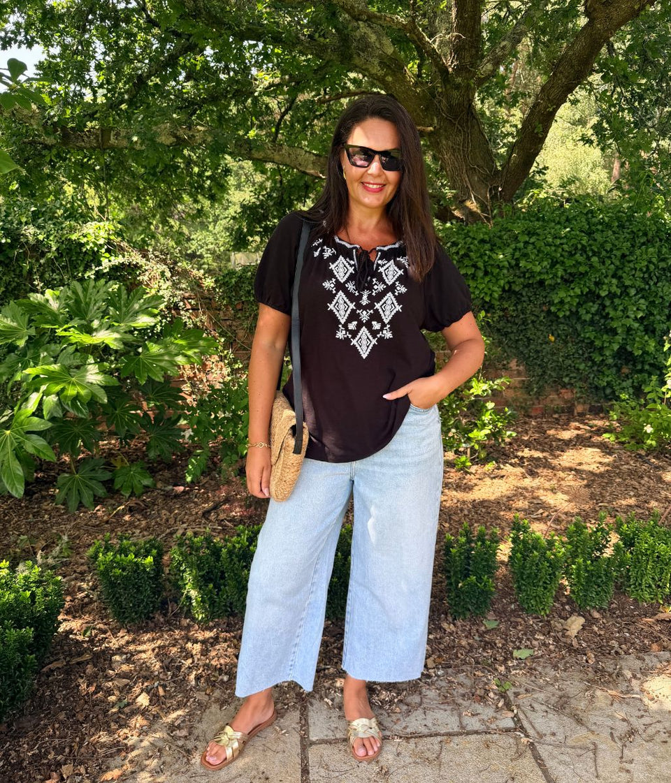 Black & White Embroidered Tassel Tie Top