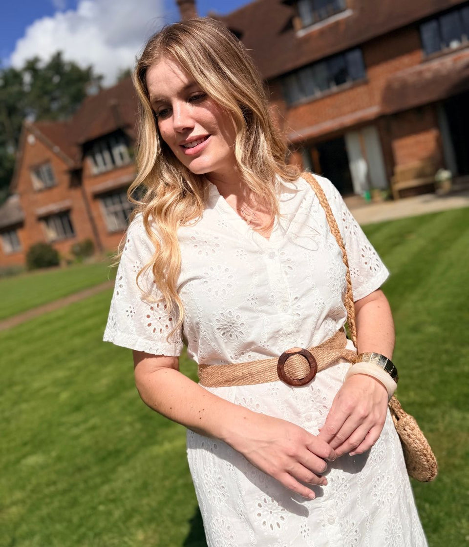 White Belted Broderie Anglaise Shirt Dress