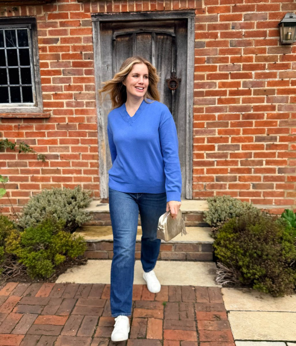 Women's Blue Double V Neck Air Yarn Jumper