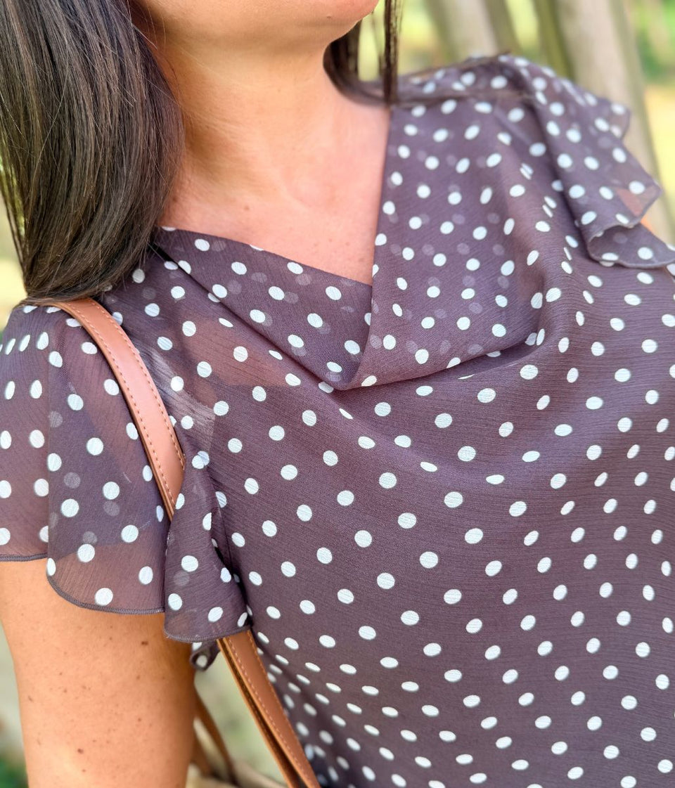 Brown Polka Dot Cowl Neck Frill Sleeve Top
